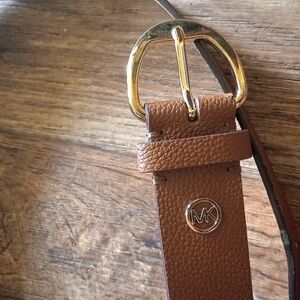 Michael Kors Brown Textured Wide Leather Buckle Belt with Gold Medallion